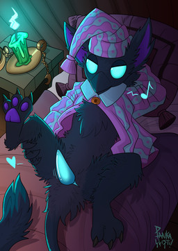 3_toes accessory aged_up animal_genitalia anthro barefoot beak beak_closed bed big_ears biped black_beak black_body black_fur black_tail black_tail_tuft blue_cloaca blue_eyes blue_penis bottomless bottomless_anthro bottomless_male candle candlestick chain_accessory chest_tuft claws cloaca cloacal_penis clock clothed clothed_anthro clothed_male clothing crescent_moon detailed_background feet foot_focus fur furniture genitals hand_behind_head hat head_on_pillow headgear headwear heart_symbol hindpaw holding_leg holding_own_leg lying male male_anthro moon mouth_closed musical_note musical_symbol narrowed_eyes nightcap on_back on_bed one_leg_up open_clothing open_topwear pajamas pattern_clothing pattern_hat pattern_headgear pattern_headwear pattern_topwear pawpads paws penis pillow pink_clothing pink_hat pink_headgear pink_headwear pink_pajamas pink_topwear pocketwatch presenting presenting_penis pupils purple_body purple_fur purple_inner_ear purple_pawpads raised_leg semi-anthro sleepwear solo spread_legs spreading symbol tail tail_tuft toe_claws toes topwear tuft watch whistling white_pupils pankallisti deadlock_(game) mythology valve rem_(deadlock) avian chimera dream_creature gryphon mythological_avian mythological_creature 2026 hi_res young_(lore)