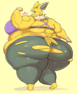 anthro back_fat back_muscles back_rolls belly belly_rolls big_belly big_breasts big_butt bottomwear breasts butt clothing cute_fangs fangs fat_rolls female flexing flexing_bicep fur huge_belly huge_breasts huge_butt huge_thighs ill-fitting_clothing looking_back midriff musclegut muscular muscular_arms muscular_female obese obese_female overweight overweight_female pants rear_view solo squish tail teeth thick_calves thick_thighs torn_bottomwear torn_clothing torn_pants wardrobe_malfunction wide_hips yellow_body yellow_fur bee-unit nintendo pokemon eeveelution generation_1_pokemon jolteon pokemon_(species) hi_res