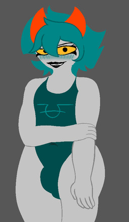 bulge clothing femboy flushed one-piece_swimsuit solo swimwear wide_hips hornydragon2003 homestuck ms_paint_adventures alien humanoid troll_(homestuck) nonbinary_(lore)