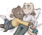 anthro blush cellphone clothed clothing cuddling duo electronics eyes_closed female male phone smartphone rusjerry aggretsuko sanrio anai_(aggretsuko) hakumi_(aggressive_retsuko) badger japanese_badger mammal meles mustelid musteline