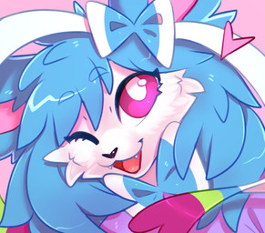 ambiguous_form black_nose blue_hair fangs female front_view fur hair open_mouth open_smile pink_background pink_eyes pupils simple_background smile solo teeth white_body white_fur white_pupils bloominglynx nintendo pokemon eeveelution generation_6_pokemon pokemon_(species) sylveon digital_drawing_(artwork) digital_media_(artwork) hi_res