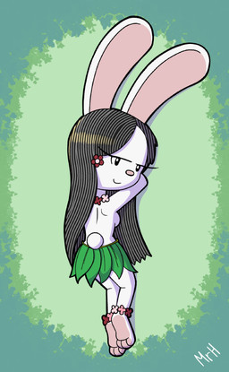 anthro dakimakura female grass grass_skirt hair hands_behind_head looking_at_viewer nude plant smile solo tribal mr_harinezumi elinor_wonders_why pbs elinor_rabbit lagomorph leporid mammal rabbit absurd_res dakimakura_design hi_res