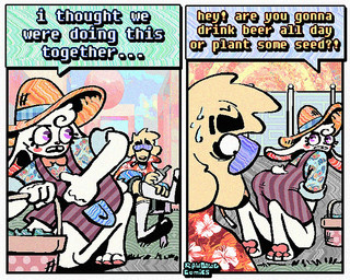 2_panel_comic aloha_shirt basket bodily_fluids bottomwear bow_tie cheek_spots cigarette cigarette_in_mouth clothing container dialogue duo eyewear flip_flops floppy_ears footwear fur half-closed_eyes hat headgear headwear humor lawn_chair male narrowed_eyes object_in_mouth overalls pattern_clothing pattern_shirt pattern_topwear sandals shirt shoes shorts smoking smoking_tobacco socks socks_with_sandals speech_bubble straw_hat sunglasses sweat teeth text tooth_gap topwear wide_eyed yellow_body yellow_fur rawdawgcomics bingus_(rawdawgcomics) stahli_(rawdawgcomics) bird_dog canid canine canis domestic_dog golden_retriever hunting_dog lagomorph leporid mammal rabbit retriever 5:4 comic english_text