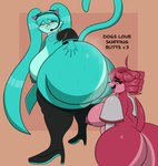 anthro arm_warmers armwear blue_body bodily_fluids butt butt_sniffing clothing duo female female/female leggings legwear looking_back musk red_body simple_background sniffing sweat sweaty_butt mechaclank vocaloid hatsune_miku kasane_teto canid canine canis domestic_cat domestic_dog felid feline felis mammal absurd_res hi_res