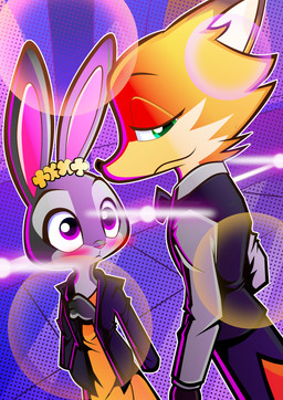 anthro blush bottomwear bow_tie clothing collared_shirt dress dress_pants dress_shirt duo female fur green_eyes grey_body grey_fur head_accessory jacket male multicolored_body multicolored_fur orange_body orange_fur pants purple_eyes shirt suit_jacket topwear two_tone_body two_tone_fur jonathantaniuchi disney zootopia judy_hopps nick_wilde canid canine fox lagomorph leporid mammal rabbit 2025 absurd_res digital_media_(artwork) hi_res