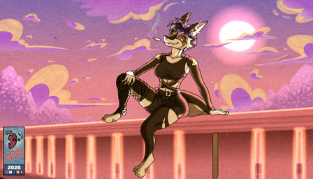 anthro belt_buckle black_body black_hair breasts buckle clothing female hair landscape leg_markings markings multicolored_body non-mammal_breasts piercing reflection relaxing shirt sitting smoking socks_(marking) solo tank_top topwear ajicitoart kobold scalie 7:4 hi_res