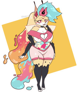 4_arms anthro big_breasts blue_body blue_fur breasts cleavage clothed clothing eyelashes female fur hair half-closed_eyes heart_cutout long_hair multi_arm multi_limb narrowed_eyes simple_background smile solo standing under_boob white_background yellow_background salchikokokoko hellaverse helluva_boss queen_bee-lzebub_(helluva_boss) arctic_fox canid canine fox mammal true_fox hi_res
