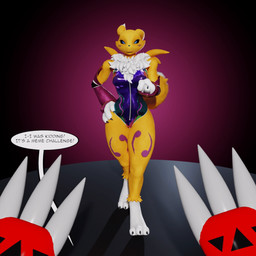 anthro bodysuit breasts claw_fingers clothed clothing dialogue duo female first_person_view front_view inviting looking_at_viewer male skinsuit text tight_clothing walk_cycle wide_hips ikugo_(artist) bandai_namco digimon canid digimon_(species) guilmon mammal renamon scalie 1:1 2022 3d_(artwork) 3d_animation animated animated_gif digital_media_(artwork) english_text high_framerate loop short_playtime