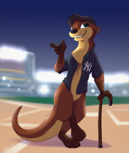 3_toes anthro barefoot black_nose blue_eyes bottomless brown_body brown_fur claws clothed clothing featureless_crotch feet fur grin hat headgear headwear light lights male open_clothing open_shirt open_topwear outside plantigrade shirt smile solo teeth toes topwear whiskers ribbontini mammal mustelid otter 2020 absurd_res hi_res lighting signature