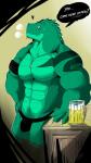 2016 9:16 abs alcohol aliensymbol alligator alligatorid anthro beer beverage biceps big_muscles clothed clothing crocodilian dog_tags english_text green_body green_scales heart_symbol hi_res jewelry male muscular muscular_anthro muscular_male necklace paul_webster pecs reptile scales scalie simple_background smile solo standing text thong topless underwear