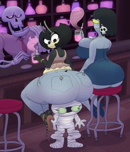 antennae_(anatomy) anthro bar bar_stool beverage big_breasts big_butt blue_clothing blue_dress bone bottomwear bracelet breasts broken_bone butt clothing coaster collared_shirt denim denim_bottomwear denim_clothing dress drinking_straw female footwear furgonomic_bottomwear furgonomics furniture group high_heels huge_breasts huge_butt jeans jewelry male mouthless necklace necktie object_between_breasts pants potion shirt shoes sitting_on_another skeleton skull stinger stool strapless_clothing strapless_dress thick_thighs topwear towel underbutt vendant eurydice_(vendant) karri arthropod bee ghost humanoid hybrid hymenopteran insect mummy spirit undead zombie absurd_res hi_res