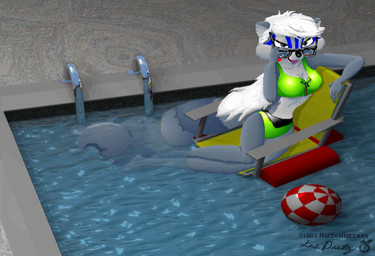 3d_background anthro ball beach_ball bikini boing clothing eyewear female fur green_bikini green_clothing green_swimwear grey_body grey_fur hair inflatable looking_at_viewer looking_over_sunglasses open_mouth ponytail pool_chair solo sunglasses swimming_pool swimwear tail two-piece_swimsuit water white_hair les_dietz rachel_raccoon mammal procyonid raccoon 1994 3d_(artwork) digital_media_(artwork) mixed_media signature
