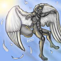 4_fingers 4_toes animal_genitalia anthro balls blue_eyes brown_eyes day feathered_wings feathers feet fingers flying fur genitals heterochromia looking_at_viewer male nude outside sheath sky solo sun toes wings sunitai jdmj90 canid canine mammal 1:1 2012 hi_res