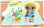 :3 beady_eyes bento_box berry black_body black_fur blue_eyes blush clothed clothing container cup cutlery duo food fork fruit fur horn japanese kitchen_utensils long_ears male pattern_background picnic plant simple_background sitting text tools white_body white_fur young levichokawaii cinnamoroll lloromannic pixiv sanrio berry_(lloromannic) cinnamon_(cinnamoroll) canid canine canis demon domestic_dog mammal hi_res japanese_text translated