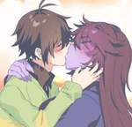 anthro brown_hair clothed clothing duo eyes_closed female female_on_human freckles fully_clothed hair hug human_on_anthro interspecies intimate kiss_on_lips kissing love male male/female male_on_anthro purple_body romantic romantic_couple shirt topwear sskomu_(artist) deltarune undertale_(series) kris_(deltarune) susie_(deltarune) human mammal reptile scalie