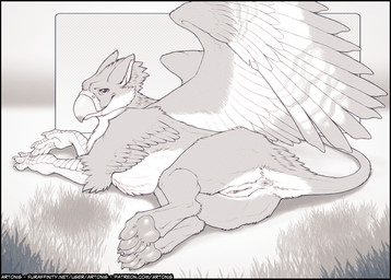 anus beak clitoral_hood feathered_wings feathers feet female feral fur genitals lying membrane_(anatomy) membranous_wings on_side pawpads paws simple_background smile solo tail toes vulva wings artonis mythology avian gryphon mammal mythological_avian mythological_creature digital_media_(artwork) hi_res line_art monochrome