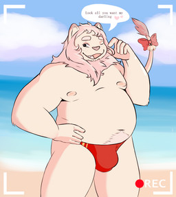 anthro beach belly bulge clothing fur male mane moobs nipples one_eye_closed overweight recording solo speedo swimwear text white_body white_fur wink deertriste xxl_woofia leo_von_narcis felid lion mammal pantherine english_text