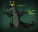 ambiguous_gender armor dialogue gradient_background green_background headgear helmet simple_background solo text hiryunatsuakai loki_(tv_series) marvel thor_(series) alligator_loki loki_(marvel) alligator alligatorid crocodilian reptile scalie english_text