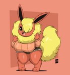 anthro anthrofied big_breasts blonde_hair breasts clothed clothing female fluffy fur hair huge_breasts neck_tuft one_eye_obstructed open_mouth open_smile orange_body orange_fur pokemorph smile solo thick_thighs tuft yellow_body yellow_fur joaoppereiraus nintendo pokemon eve_(joaoppereiraus) eeveelution flareon generation_1_pokemon pokemon_(species) 2021 absurd_res hi_res signature