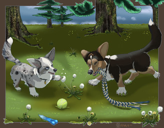 ambiguous_gender ball bone claws collar dandelion feral flower grass group outside plant rope tree fleety_(artist) canid canine canis cardigan_welsh_corgi domestic_dog herding_dog mammal pastoral_dog welsh_corgi hi_res