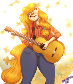 acoustic_guitar anthro anthrofied big_breasts bottomwear breasts clothed clothing denim denim_bottomwear denim_clothing female fully_clothed green_eyes guitar hair jeans long_hair musical_instrument one_eye_closed orange_hair pants plucked_string_instrument shirt solo string_instrument text thick_thighs tied_hair topwear wink wolfmask friendship_is_magic hasbro my_little_pony pear_butter_(mlp) equid equine mammal english_text hi_res portrait signature three-quarter_portrait