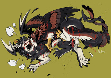2_horns 4_fingers animal_genitalia animal_penis balls bite black_claws black_horn black_wings blood blood_on_face bodily_fluids breath brown_body brown_feathers brown_tail brown_wings canine_genitalia canine_penis claws countershading duo ear_piercing entwined_tails facial_piercing feathers feet feral feral_on_feral fingers fur genital_fluids genitals green_background horn knot knotted_penis male male/male membrane_(anatomy) membranous_wings multicolored_body multicolored_feathers multicolored_fur multicolored_tail nose_piercing nose_ring open_mouth penis piercing precum red_eyes red_penis ring_piercing rough_sex scar scratches scutes sex sharp_teeth simple_background spade_tail spiked_tail spikes spikes_(anatomy) tail tail_coil talons tan_body tan_countershading tan_ears tan_fur tan_wings teeth toes violence white_balls wings wounded yellow_sclera yellow_scutes birdpaw_(artist) european_mythology mythology fursona_(birdpaw) dragon feathered_dragon feathered_scalie furred_dragon furred_scalie mythological_creature mythological_scalie scalie western_dragon 2025 digital_drawing_(artwork) digital_media_(artwork) full-length_portrait hi_res portrait