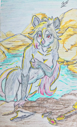 anthro breasts clothing covering covering_breasts covering_self female hair hot_spring jewelry leaning leaning_forward melee_weapon multicolored_hair panties red_eyes solo sword tail underwear water weapon arcticos american_opossum mammal marsupial virginia_opossum absurd_res hi_res traditional_media_(artwork)