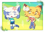 ambiguous_gender anthro biped blue_body blue_fur blue_tail duo fur hair looking_at_viewer orange_body orange_fur orange_tail smile smug tail white_body white_fur white_hair white_tail yellow_body yellow_fur yellow_tail yonkagor yon_(yonkagor) canid canine domestic_cat felid feline felis fox mammal 2020 hi_res nonbinary_(lore)