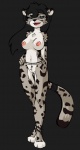 anthro biped black_background black_hair blue_eyes chest_tuft digitigrade female fur genitals grey_body grey_fur hair hand_on_hip long_hair navel nipples nude open_mouth pose pussy simple_background solo spots standing tail tuft omgtkb felid leopard mammal pantherine snow_leopard