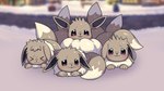 ambiguous_gender dipstick_tail ears_down eyes_closed feral fur fur_tuft group head_tuft markings pivoted_ears tail tail_markings tuft two_tone_tail drunk_oak nintendo pokemon eevee generation_1_pokemon pokemon_(species) 16:9 2022 hi_res widescreen