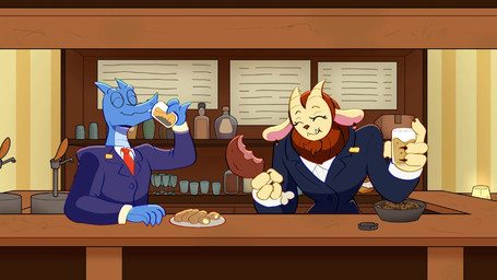 accessory anthro ashtray beverage bottle claws clothing container cup drinking drinking_glass ear_piercing eating eyes_closed facial_hair fangs food fur glass glass_container glass_cup goatee holding_food holding_glass holding_object horn inside mane name_tag necktie piercing scales smile suit suit_jacket teeth ticlastudios dungeon_flippers iranian_mythology middle_eastern_mythology mythology cleaveland_(dungeon_flippers) maulie_(dungeon_flippers) dragon felid mammal manticore mythological_creature mythological_scalie scalie 16:9 2026 hi_res widescreen