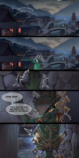 anthro biped claws clothed clothed_anthro clothed_female clothing cloud dialogue female fingers green_body outside sky solo speech_bubble teeth text silgiriya_mantsugosi dreamworks kung_fu_panda chameleon_(kung_fu_panda) chameleon lizard reptile scalie 2026 absurd_res comic digital_drawing_(artwork) digital_media_(artwork) english_text hi_res url
