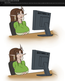 big_breasts breasts brown_hair brown_lips clothed clothing dot_eyes ear_piercing ear_ring electronics female green_clothing green_topwear hair humanoid_pointy_ears lips long_hair monitor mouth_closed not_furry piercing pointy_ears ring_piercing simple_eyes sitting solo text_box topwear romman08 elf humanoid 4:5