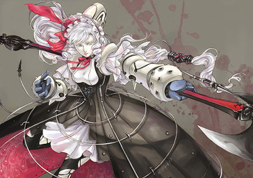 axe blood bodily_fluids clothing dress female hair machine melee_weapon not_furry weapon white_body white_hair white_skin mtfy bandai_namco soul_calibur ashlotte_maedel humanoid robot 2008