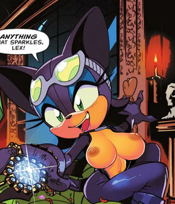 anthro areola big_areola big_breasts big_nipples breasts clothed clothing cosplay dialogue eyewear eyewear_on_head female goggles goggles_on_head green_eyes jewelry navel nipples open_mouth open_smile smile solo text captainjingo sega sonic_the_hedgehog_(series) catwoman rouge_the_bat bat mammal 2026 english_text