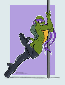 anthro butt clothing dancing eyewear footwear glasses green_body high_heels latex latex_clothing latex_legwear latex_stockings legwear looking_at_viewer male mask melee_weapon pole pole_dancing polearm seductive shell shoes simple_background smile solo stockings tail weapon wearing_glasses relatedturtles teenage_mutant_ninja_turtles donatello_(tmnt) reptile scalie turtle digital_media_(artwork) hi_res