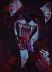 anthro black_clothing black_hair black_jacket black_topwear blood blood_on_hand blood_on_knife bodily_fluids bust_portrait canid clothed clothing front_view fur hair hi_res holding_knife holding_object jacket knife licking_knife looking_at_viewer male mammal mouth_shot open_mouth portrait red_eyes red_tongue riorix sharp_teeth solo teeth tongue topwear whiskers white_body white_fur