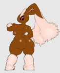ankle_tuft anthro arm_tuft big_butt big_ears black_sclera breasts brown_body brown_fur butt ear_tuft eyebrows female floppy_ears fur grey_background leg_tuft long_ears looking_at_viewer looking_back looking_back_at_viewer lop_ears pink_body pink_fur rear_view red_eyes simple_background smile solo thick_eyebrows tuft wrist_tuft pincparti nintendo pokemon generation_4_pokemon lopunny pokemon_(species) hi_res