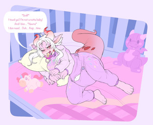 4_arms abdl abstract_background ageplay bedding big_diaper blanket clean_diaper clothed clothing crib diaper diaper_outline diaper_under_clothing female horn infantilism lying multi_arm multi_limb object_in_mouth on_side onesie open_mouth pacifier pacifier_in_mouth pillow pink_body pink_skin plushie purple_background roleplay simple_background solo tired wearing_diaper yawn bubblepuppers mythology animal_humanoid dragon dragon_humanoid humanoid mythological_creature mythological_scalie scalie hi_res