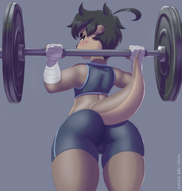 anthro athletic_wear barbell big_butt black_hair black_nose blue_bottomwear blue_clothing blue_shirt blue_shorts blue_topwear blush bodily_fluids bottomwear brown_body brown_fur bubble_butt bulge butt clothed clothing crop_top exercise exercise_clothing femboy fur green_eyes grey_background hair hand_wraps holding_object hotpants looking_at_viewer looking_back male midriff muscular muscular_anthro muscular_femboy muscular_male raised_arms raised_tail rear_view shirt shorts simple_background skimpy solo sweat sweatdrop tail tan_body tank_top tight_clothing topwear weightlifting workout wraps mr-shin shin_(mr-shin) mammal mustelid otter river_otter 2020 hi_res