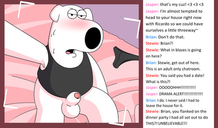 animal_genitalia balls bed blush bodily_fluids bottomless cam_show camera camera_view chat clothed clothing dialogue erection furniture genitals holding_camera holding_object humor livestream looking_at_viewer male on_model penis sheath shirt solo speedo sweat swimwear tank_top text topwear underwear sushibroadcast family_guy brian_griffin canid canine canis domestic_dog mammal absurd_res english_text hi_res