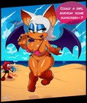 anthro areola areola_slip bat beach bikini breasts clothing cloud day dialogue duo echidna english_text ethandoesathing eyeshadow female female_focus fur glistening glistening_body glistening_skin hi_res knuckles_the_echidna looking_at_viewer makeup male mammal monotreme open_mouth open_smile rouge_the_bat sand sega signature smile solo_focus sonic_the_hedgehog_(series) speech_bubble swimwear text water white_body white_fur