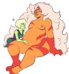 clothed clothing duo female not_furry nude obese orange_body orange_skin overweight simple_background smile stuffing weight_gain white_background cartoon_network steven_universe jasper_(steven_universe) peridot_(steven_universe) alien alien_humanoid gem_(species) humanoid jasper_(gem_species) peridot_(gem_species) quartz_(gem_species)