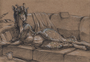 anthro bedding blanket book breast_squish breasts cleavage clothed clothing cloven_hooves coffee_mug container cup female furniture glistening glistening_eyes green_eyes hair hooves horn long_hair looking_at_viewer lounging lying lying_on_sofa markings mug navel nude on_side on_sofa ossicone sofa solo spots spotted_markings squish tail tail_tuft thick_thighs tuft hiccupby gracey_halvenka giraffe giraffid mammal graphite_(artwork) monochrome restricted_palette traditional_media_(artwork)