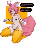 absurd_res animal_humanoid animal_print bikini blush bottomwear breasts canid canid_humanoid canine canine_humanoid clothing cow_print dialogue eyebrows female fir3born fox_humanoid fur hair hi_res humanoid kneeling legwear looking_at_viewer mammal mammal_humanoid navel open_mouth pink_body pink_fur pink_hair pink_tail question_mark sharp_teeth simple_background small_breasts solo speech_bubble swimwear tail teeth thigh_highs two-piece_swimsuit