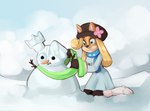 anthro blonde_hair blue_scarf clothed clothing duo female fur green_scarf hair hair_down long_hair male male/female scarf smile snow snowman winter theredcavalier activision crash_bandicoot_(series) coco_bandicoot doctor_n._gin bandicoot human mammal marsupial 2022 digital_media_(artwork) digital_painting_(artwork) painting_(artwork)