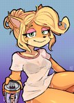 anthro beverage blonde_hair bodily_fluids bra bra_through_clothing breasts clothed clothing eyeshadow female fur green_eyes hair looking_at_viewer makeup shirt solo sweat topwear translucent translucent_clothing translucent_shirt translucent_topwear underwear wet wet_clothing alex-toons activision crash_bandicoot_(series) coco_bandicoot bandicoot mammal marsupial hi_res