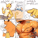 anthro blue_body blue_skin chest_tuft clothed clothing fur group horn male muscular nipples orange_body orange_fur pecs shirtless text topless tuft white_body white_skin yellow_body yellow_skin mono_g 12tails avian bird bison bovid bovine chameleon lizard mammal penguin reptile scalie 2021 absurd_res comic digital_media_(artwork) hi_res shaded thai_text translated