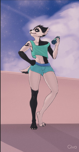 anthro athletic_wear bottomwear clothing dolphin_shorts exercise femboy gym_bottomwear gym_shorts male shorts sky solo workout givo badger mammal mustelid musteline absurd_res black_and_white hi_res monochrome