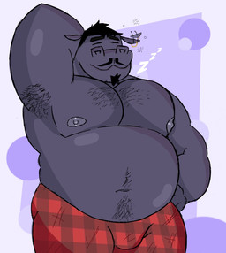 anthro areola armpit_hair beard body_hair bottomwear chest_hair clothed clothing ear_piercing facial_hair hair hand_behind_head happy_trail male motion_lines muscular muscular_anthro muscular_male mustache nipples overweight overweight_anthro overweight_male pattern_bottomwear pattern_clothing pecs piercing plaid plaid_bottomwear plaid_clothing purple_body solo tired topless crococola hypno-potamus common_hippopotamus hippopotamid mammal hi_res